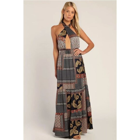 Lulus Trendy Travels Halter Maxi Dress Navy Blue Multi Patchwork Scarf Print  S - Picture 1 of 13